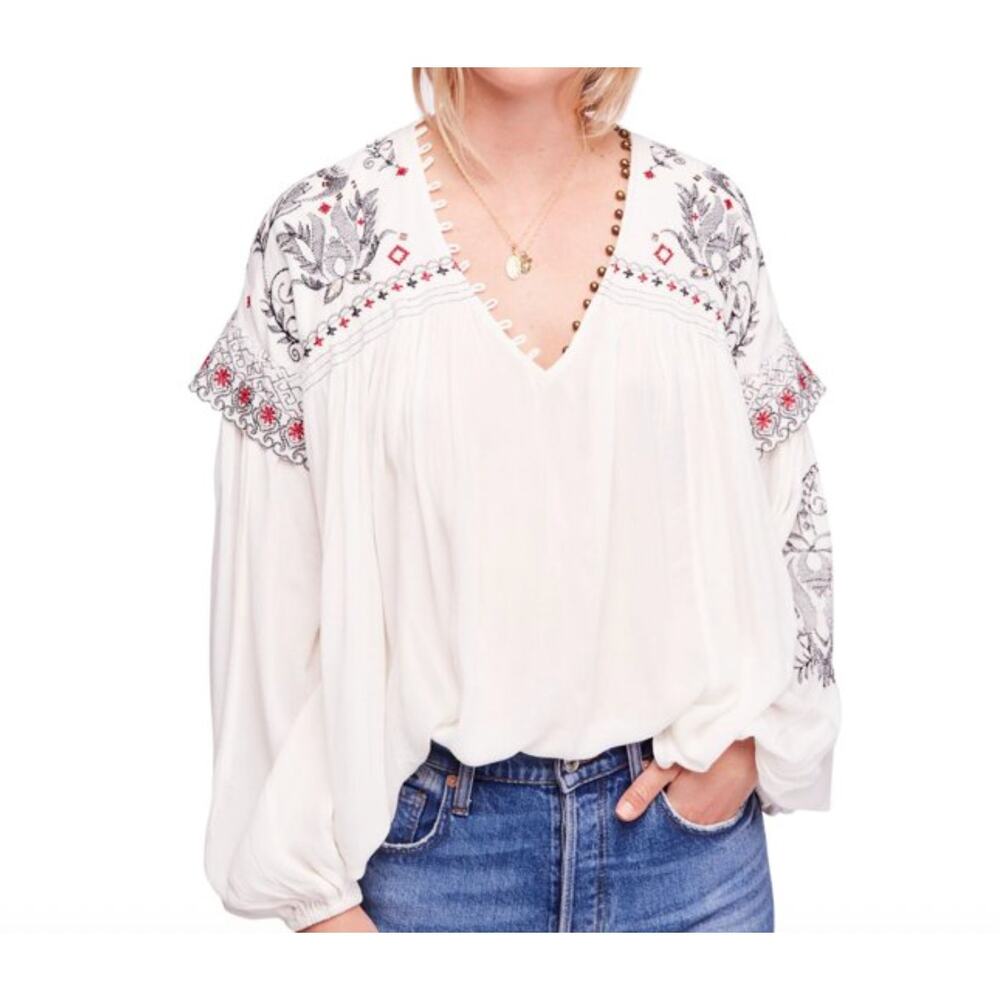 FREE PEOPLE  Rock It Tonight  Floral Embroidered Long Sleeve Peasant Top M Boho